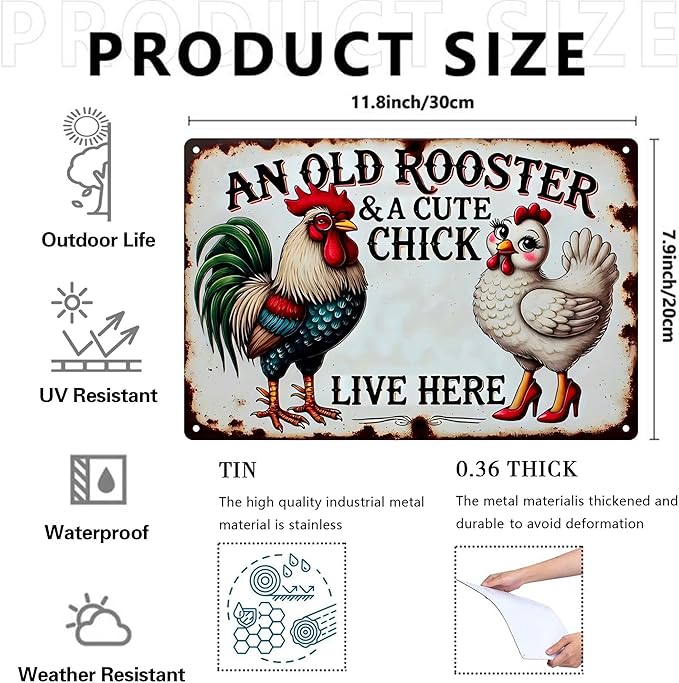 Vintage Chicken Coop Metal Signs - An Old Rooster & A Cute Chick Live Here Chicken Tin Sign, Funny Metal Signs Accessories Outdoor Home Wall Decor 8x12 inch