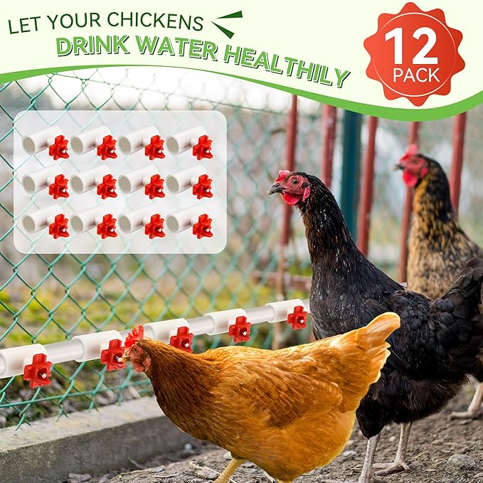 Enhon 12 Pack Chicken Nipples Waterer with 1/2'' PVC Tee Fittings, DIY Auto Chicken Waterering System, Horizontal Side Mount Poultry Water Nipple Waterer Drinker and for Ducks Quail and Other Poultry