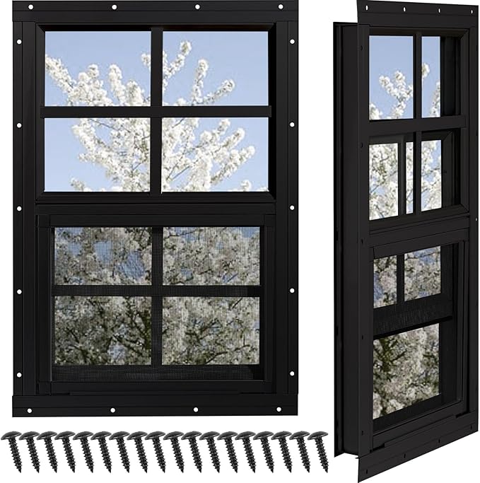 Shed Windows 2 Pack, Chicken Coop Windows 24" x 27" with Tempered Glass and Fiberglass Screen, Flush Mounted Small Window for Shed, Barns, Playhouse, Household, Garage (Black)