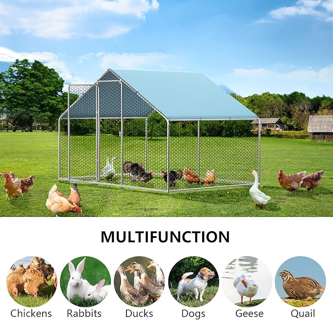 LOVMOR Large Chicken Coop Metal Chicken Run for 6 Chickens,Dog Kennel Quail Cage Duck House with Waterproof and Anti-UV Cover Lockable Door Design(9.8'Lx6.6'Wx6.4'H)