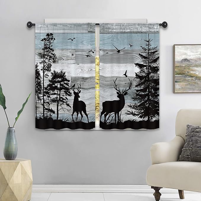 Farmhouse Deer Rustic Kitchen Curtains 27.5W x 39L Inch Cabin Lodge Country Forest Blue Wood Wooden Rod Pocket Short Small Window Treatment Drapes Decor 2 Panels