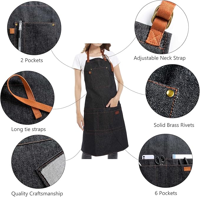Denim Apron with Pockets Tall Bib Apron Large with Long Ties Adjustable - Gifts for Men Women