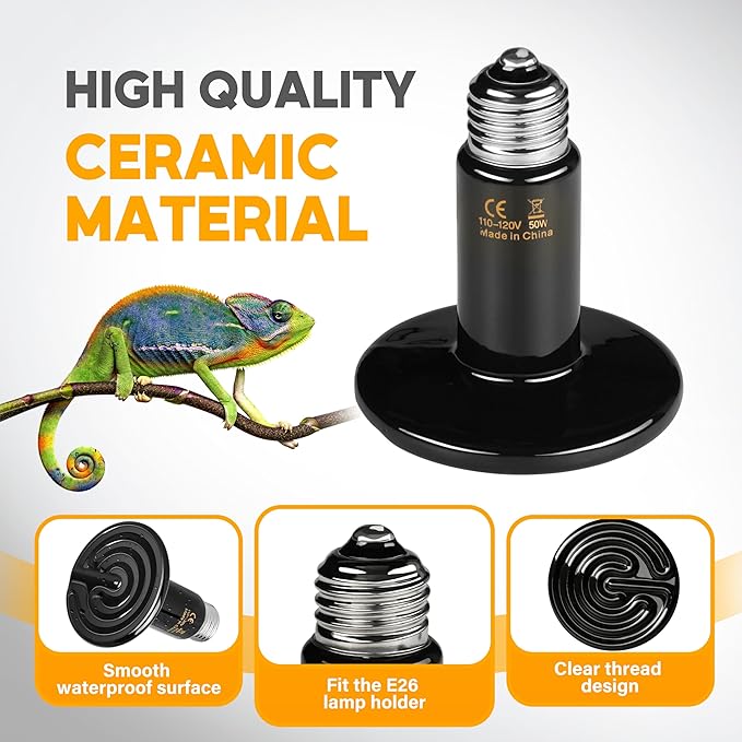HealSmart 50W Reptile Heat Lamp Ceramic Heat Emitter, No Light Emitting Heat Bulbs, Suitable for Snake/Lizard/Spider, Plant Growth and Incubating Chicken, 4-Pack