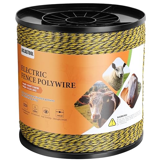 Electric Fence Wire, 3500ft 1067m, Polywire for Portable Livestock Fencing, 6 Stainless Steel Strands for Reliable Conductivity and Rust Resistance, UV Resistant