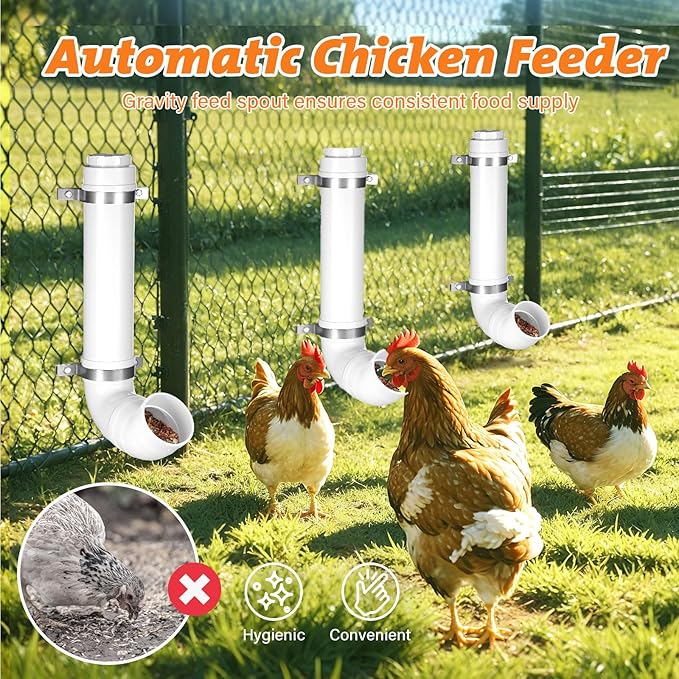 3 Pack Automatic Chicken Feeder No Waste, PVC Pipe Chicken Coop Feeder, Rat Proof Chicken Feeders, with Lid Hanging for Chicken Poultry Feeder