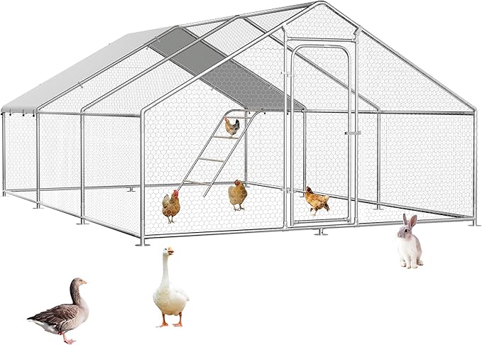 Large Metal Chicken Coop Run with Roosting Perch, Outdoor Waterproof & UV-Resistant Cover for Chickens, Ducks, Rabbits, and Hens in Yard or Farm Use Spire Roof (13.1'Wx19.7'Lx 6.5'H)