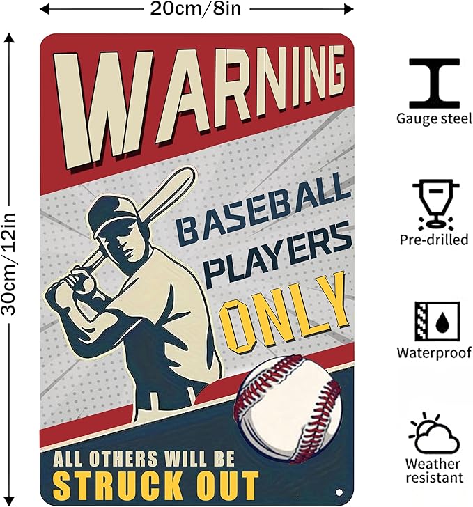 Warning Baseball Players Only Tin Sign-Funny Signs Baseball Poster Warning,Sports Bedroom Decor and Baseball Gifts for Boys 8x12Inch