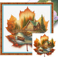 Maple Leaf Cabin Stamped Cross Stitch Kits for Adults Beginners - 45x45cm 11CT Pre-Printed Embroidery Needlepoint Starter Kit, DIY Craft Perfect for Fall Home Wall Decor, Thanksgiving Gift,