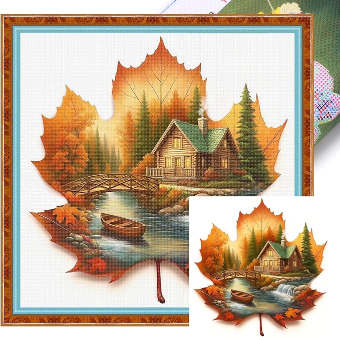 Maple Leaf Cabin Stamped Cross Stitch Kits for Adults Beginners - 45x45cm 11CT Pre-Printed Embroidery Needlepoint Starter Kit, DIY Craft Perfect for Fall Home Wall Decor, Thanksgiving Gift,