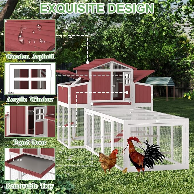 115.36" L 2-Story Chicken Coop with Extra Run Cage,Chicken House Hen House with 2 Large Nesting Boxes,Expandable Poultry Cage for 4-6 Chicken with 4 Perching Bars,Pull-Out Tray,Ramps(RED)