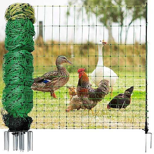 Poultry Netting Electric Fence, Electric Poultry Enclosure for Chickens, Ducks, Turkeys, 47.2" H x 164'L, PE Net Fencing Kit with Posts & Double-Spiked Stakes, Used in Backyards, Farms