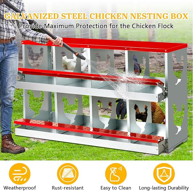 Chicken Nesting Box for Laying Eggs,Wall-Mountable Chicken Coop Nesting Boxes,8 Hole Roll Away Nesting Boxes,with Large Vented Holes,for Chickens,Ducks,Large Egg Laying Boxes (Red 8 Hole)