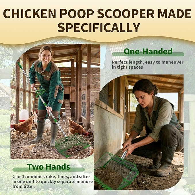 2-in-1 Chicken Coop Scooper: Extra Large 12” Poop Scooper & Rake with Adjustable Handle (37”-65”) | Heavy-Duty Metal Shovel for Quick Pet Waste, Rabbit, Guinea Pig, Barn Cleaning | US Patent Pending