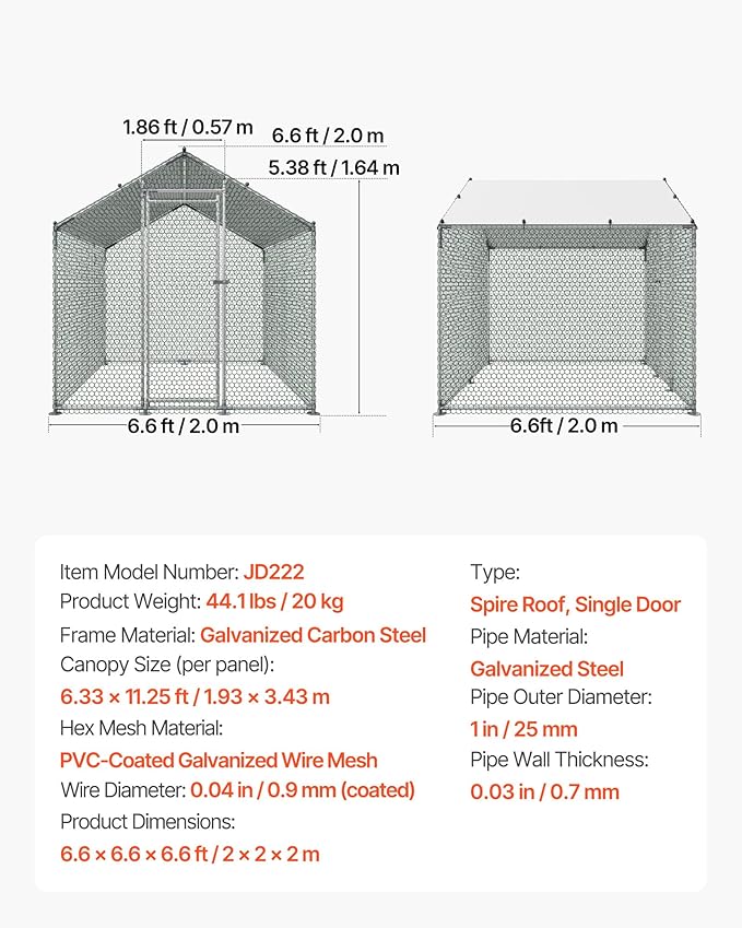 VEVOR Metal Chicken Coop, 6.56x6.56x6.56ft Large Walk-in Chicken Runs with Cover, Spire Roof Hen House Enclosure with Security Lock, Outdoor Duck Rabbit Cage Poultry Pen for Backyard, Farm, Yard