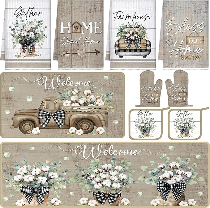 10 Pcs Flower Basket Farmhouse Kitchen Decor Set Dish Towels Kitchen Rugs Oven Mitts and Pot Holders Set for Cooking Baking Grilling Women Mom Daughter Gift(Spring Color)