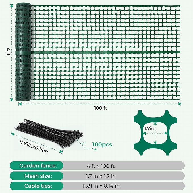 Ohuhu Plastic Garden Fence Safety Fence, 4'x100'/15LB Heavy Duty Reusable Netting Plastic Mesh Fence Roll, Temporary Fencing for Animal Barrier Pool Fence Snow Fencing for Poultry Rabbits Chicken Dogs