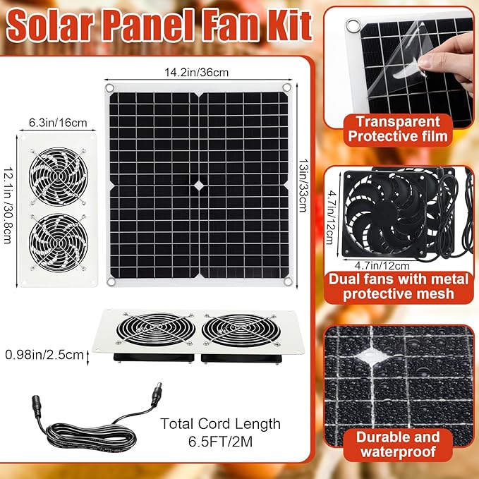 2 Set 25W 12V Solar Panel Dual Metal Shell Fan Kit and Solar Chicken Coop Shed Light with Timer, Waterproof for Inside Chicken Coop, Shed, Greenhouses, Pet House