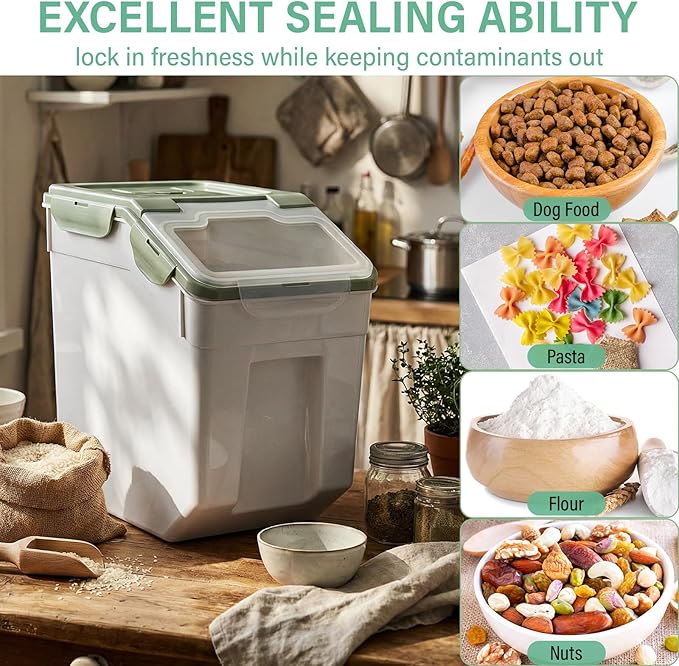 Sunnyray 4 Pcs 55 lbs Grain Rice Storage Container Flour Bin with Wheels Cup Leak Proof Pet Food Storage Boxes Seal Locking Lid Plastic Rice Containers Set for Cereal Flour Cat Dog Food (Green)
