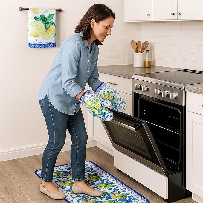 10 Pcs Kitchen Dish Towels Rugs Oven Mitts and Pot Holders Kit Farmhouse Kitchen Decor Set Gloves Vintage Potholders for Baking Cooking Chef(Blue, White, Lemon)