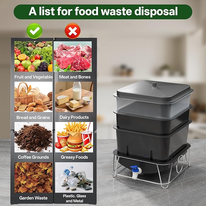 3-Tray 15L Worm Farm Composting Bin with Tool Set - Efficient Indoor/Outdoor Composter for Organic Waste Recycling, Beginner-Friendly Kit for Healthier Plants (Black)