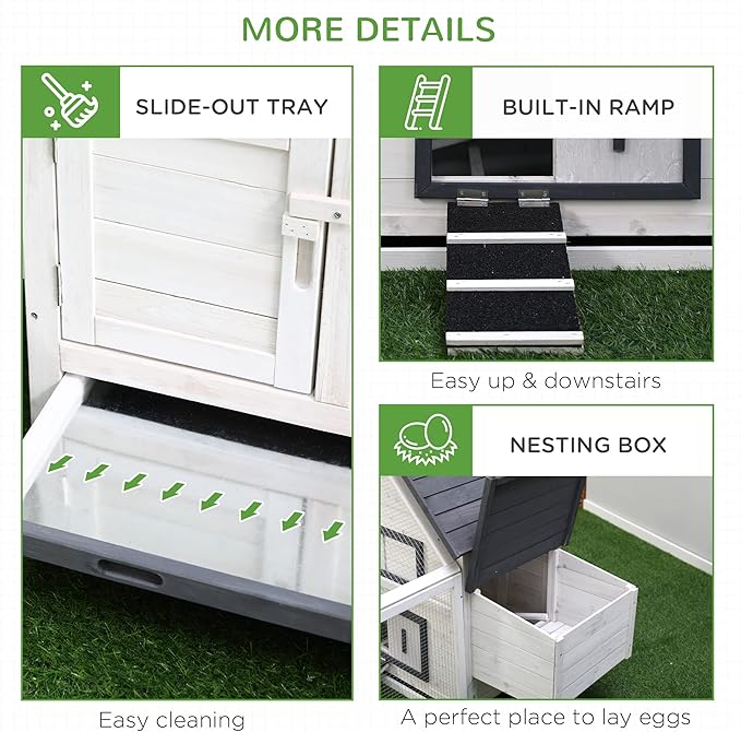 PawHut 65" Chicken Coop Wooden with Detachable Run, Outdoor Chicken House Poultry Cage Hen with Nesting Box, Removable Tray, Roosting Bars, Ramp, for Garden Backyard, Gray
