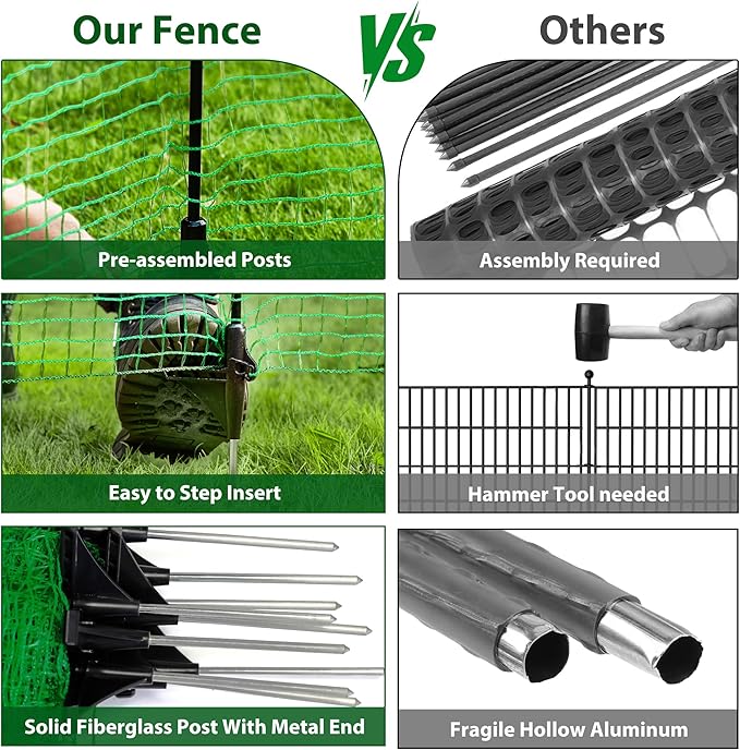Temporary Fence with Posts, 3'x50' Plastic Fencing Garden Fence Animals Barrier with Fiberglass Stake Windbreak Rope, Portable Snow Fences, Fencing for Dogs Outdoors Backyard (Green)