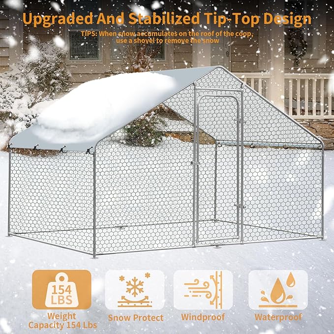Large Metal Chicken Coop, Chicken Coop Run for 6/10 Chickens, Walk-in Chicken Runs for Yard with Anti-UV Cover, Spire Roof Hen House for Backyard, Duck Rabbit Cage Poultry Pen 6.6 x 9.8 x 6.5 ft