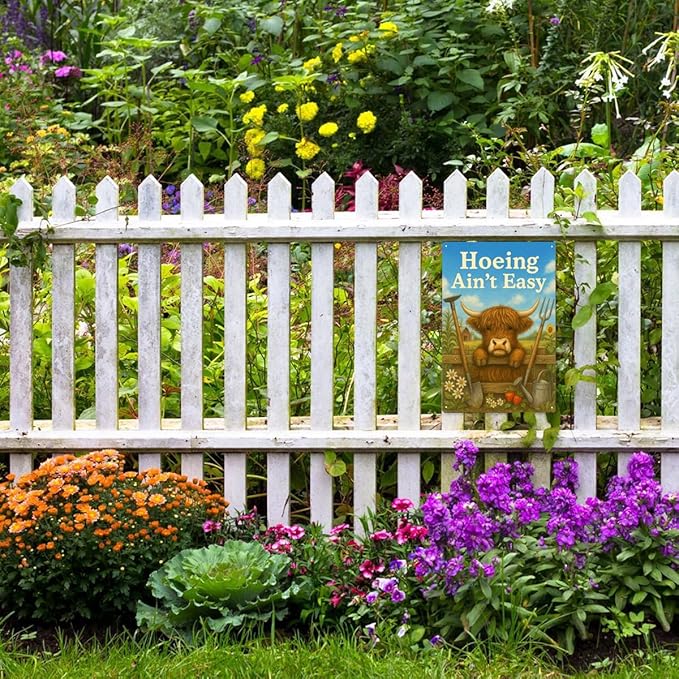 “Hoeing Ain’t Easy” Garden Sign, Funny Highland Cow Metal Yard Signs for Outside, Shed Decorations Outdoor for Patio, Kitchen – Cool Gifts for Garden Lovers Weatherproof Farm Humor Plaque - 8x12 Inch