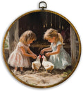 CUANFDDSF Vintage Farmhouse Girl and Chickens Round Wall Art, Rustic Cottagecore Kitchen Framed Hanging Wall Decor, Country Animal Scene Canvas Prints Decorations for Farm House Room, 10x10 Inch