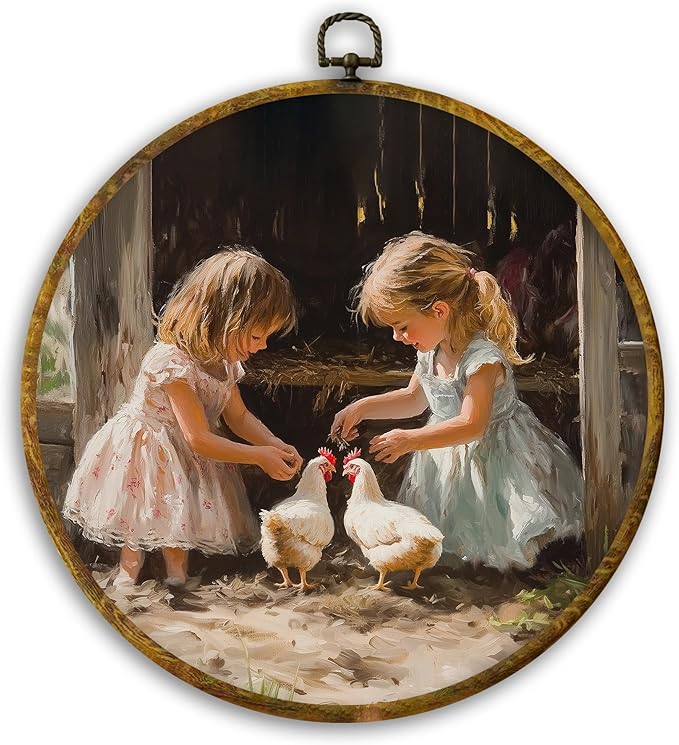 CUANFDDSF Vintage Farmhouse Girl and Chickens Round Wall Art, Rustic Cottagecore Kitchen Framed Hanging Wall Decor, Country Animal Scene Canvas Prints Decorations for Farm House Room, 10x10 Inch