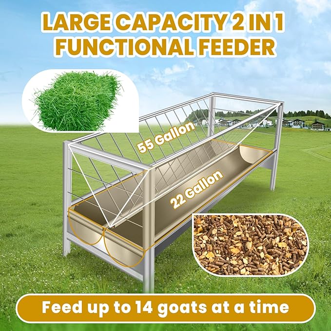 77Gal Heavy-Duty Galvanized Steel Hay Feeder for Livestock – 2-in-1 Large Capacity Feed & Water Trough, Smooth Edges Design for Goats, Horses, Ranch & Barn Use