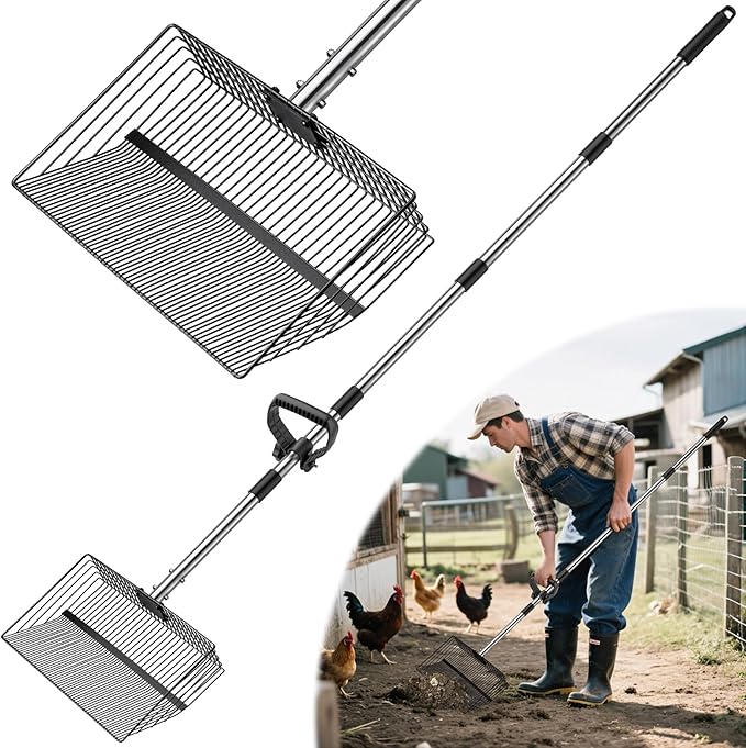 15 inch Extra Large Chicken Poop Scooper with Ergonomic Grip,5-in-1 Heavy Duty Adjustable Coop Scoop for Poop (24 to 68"), Stainless Steel Sifting Litter Shovel Scoop for Chicken Coop