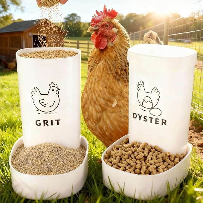 Chicken Grit and Oyster Shell Feeder, 2 Pack No Waste Hanging Chicken Feeder Combo, Waterproof ABS Automatic Gravity Poultry Feeder with Lid Rounded Edges, Coop Accessories for Healthier Hens and Eggs