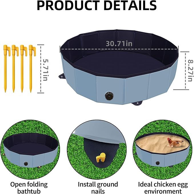 Chicken Dust Bath Tub, Chicken Coop Lime Cleaner Container, 32" D X 8" H PVC Material Foldable Portable Essential Chicken Coop Dusting Accessory. (Blue)
