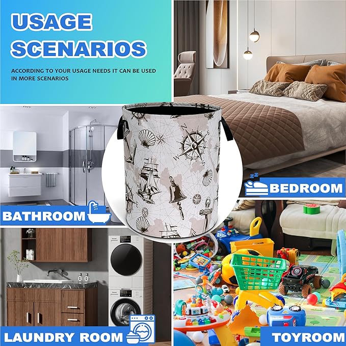 Compass Anchor Sailboat Nautical Laundry Basket Oxford Cloth Laundry Hamper With Handle Foldable Portable Clothes Storage Basket 18.9 X 16.5 Storage Bag For Laundry Room/Bathroom/Bedroom/Dormitories