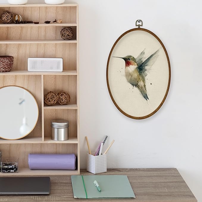 WULQYING Vintage Hummingbird Wall Art Decor, Rustic Farmhouse Bird Oval Framed Canvas Art Prints, Neutral Cottagecore Hummingbird Bird Wall Hanging Decor for Home Bedroom Living Room, 8.6x11.4 Inches