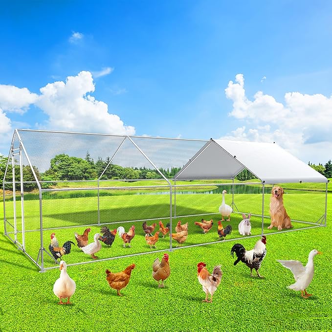 Large Chicken Coop Metal Chicken Runs for Yard 20x10x6.56 FT Chicken Coop with Cover jaulas para gallinas Heavy Duty Chicken Cage Duck Coop Lockable Door with Waterproof and Anti-UV Cover