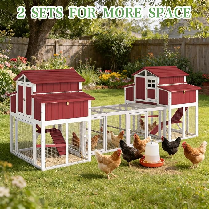 230.72" L 2-Story Chicken Coop with Extra Run Cage,Chicken House Hen House with 4 Large Nesting Boxes,Expandable Poultry Cage for 8-12 Chicken with 12 Perching Bars,Pull-Out Tray,Ramps(RED)