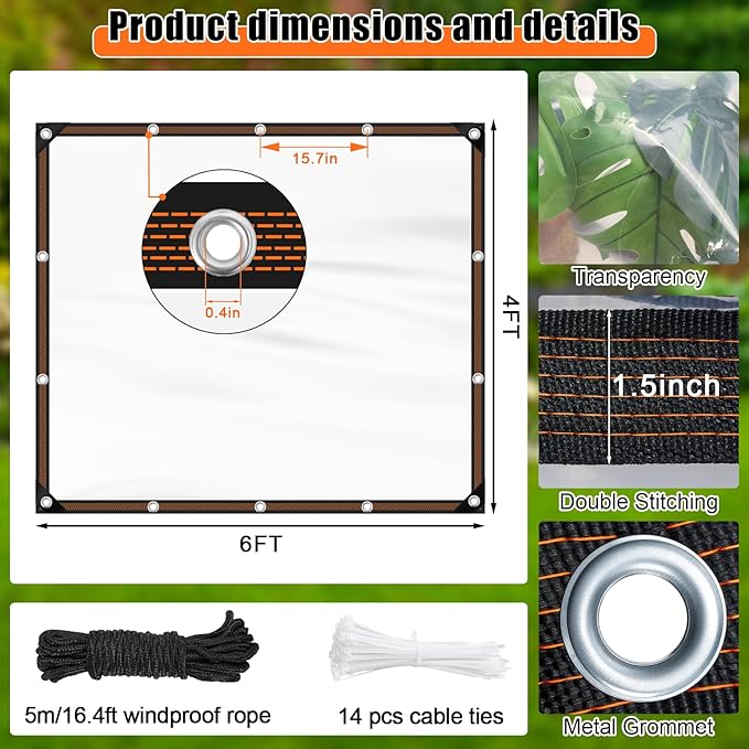 ZYP 4x6ft Heavy Duty Clear Waterproof Tarps Outdoor Garden Rainproof Covering,Clear Vinyl Tarp with Grommets,Transparent Waterproof Tarpaulin for Covering Henhouse Porch Canopy Plant Camping