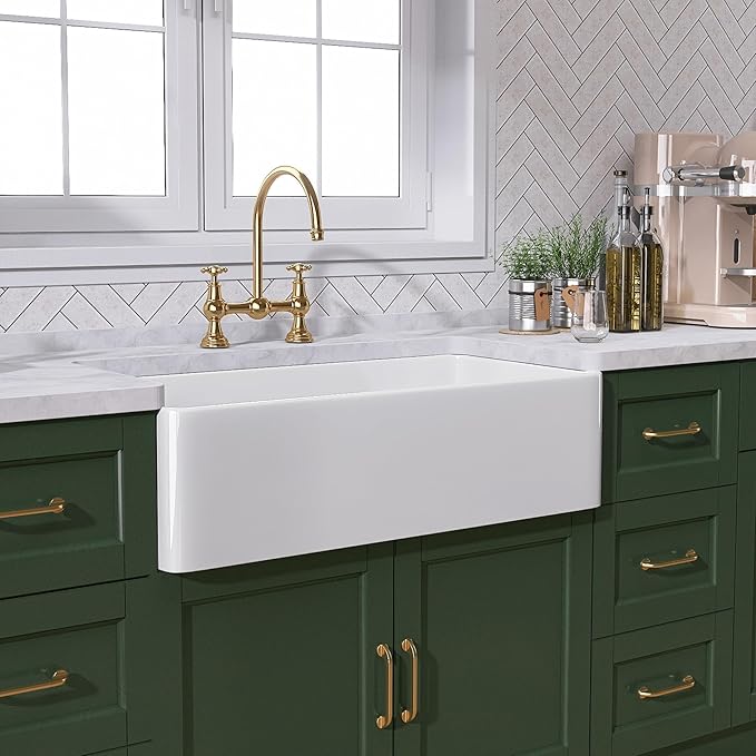 TUKTUK White Farmhouse Sink 33 inch Fireclay Apron Front Farm House Kitchen Sink Single Bowl Deep Drop In Undermount Reversible Heavy Duty Easy to Clean Porcelain Kitchen Basin Modern Luxury Accessory