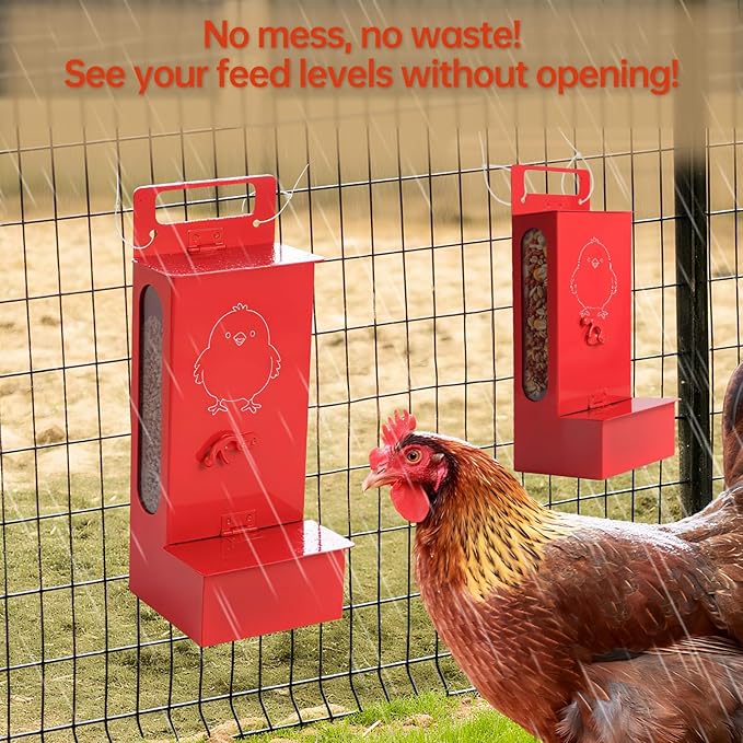 2Pcs Chicken Grit Feeder,Chicken Oyster Shell Feeder Weatherproof Heavy-duty,Feed-Level Indicator with a Top Lid and a Bottom Cap,Hanging Chicken Coop Accessories, Metal Automatic Chicken Feeder，