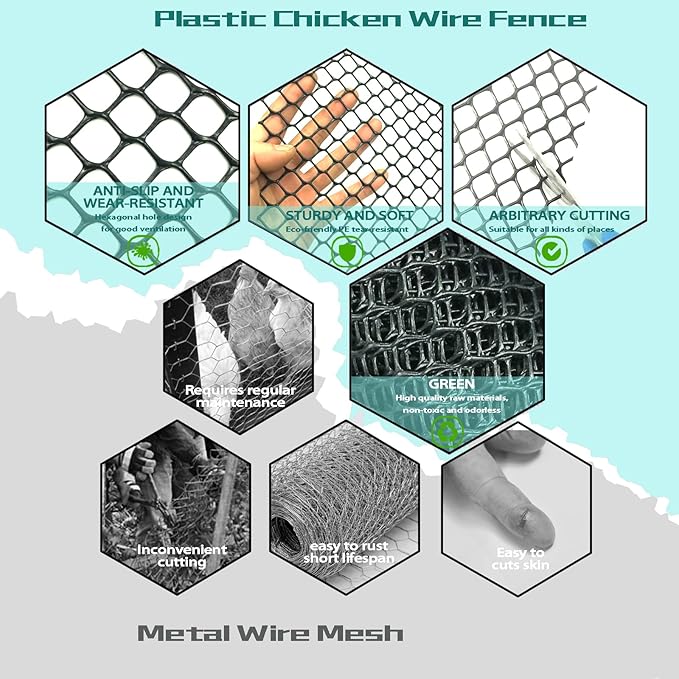 Black Plastic Wire Mesh Fence Plastic Chicken Wire Fence Mesh 15.7IN x6.56FT Best for Poultry, Cat,Dogs, Rabbit, Snake & Gardening Plastic Chicken Wire Mesh,with 50 Pcs Fixed Straps