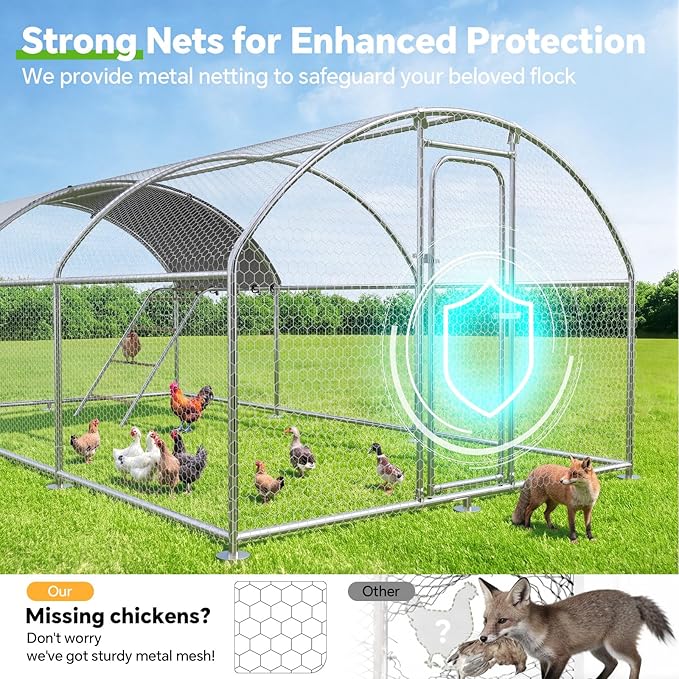 Chicken Coop with Roosting Perch, Large Metal Chicken Hen Run Poultry Cage with Water-Resident Cover for Rabbit Duck House Walk-in Chicken Pen for Yard, Dome Roof(10’ W x 19.7’ L x 6.4’ H)
