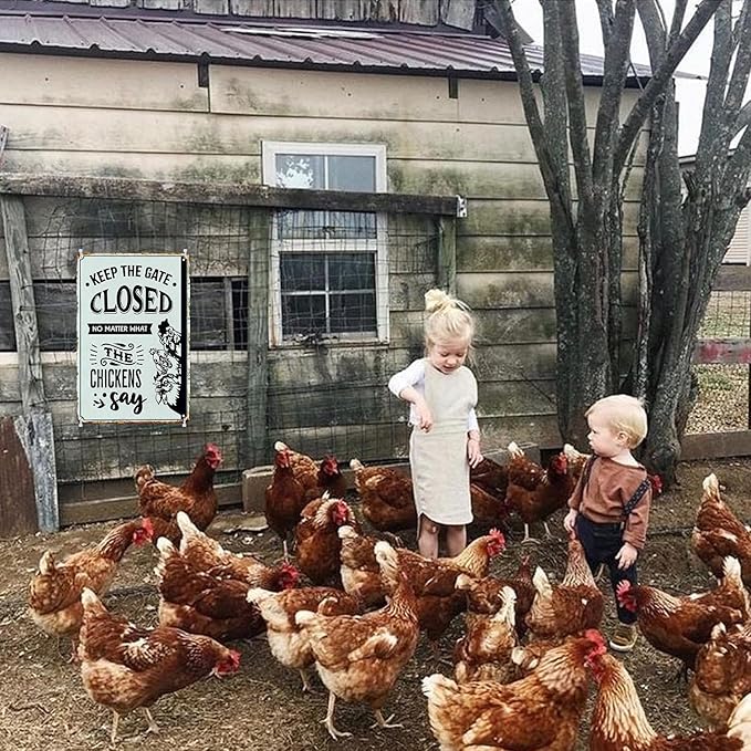 Warning Chicken Signs for Coop Funny Outdoor-Keep The Gate Closed No Matter What The Chickens Say Vintage Tin Signs for Chicken Coop Farm Outdoor Garden Yard Fence,8x12inch