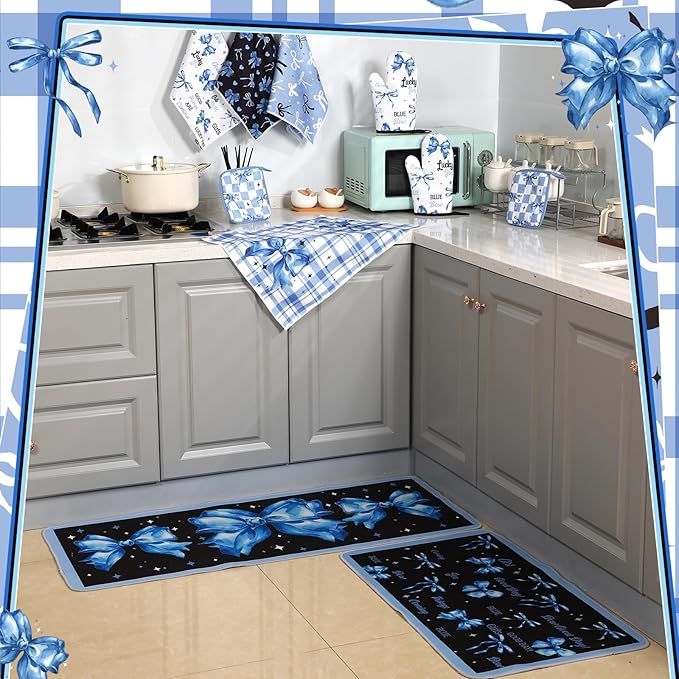 10 Pcs Blue Bow Kitchen Decor Set Dish Towels Kitchen Rugs Oven Mitts and Pot Holders for Cooking Baking Grilling Women Mom Gift