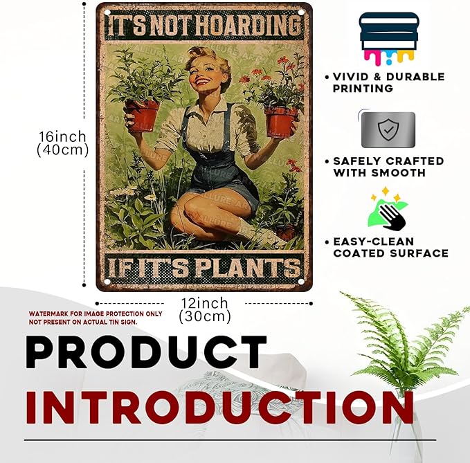 ARTWALLURE Gardening Vintage Tin Sign It‘s Not Hoarding If It's Plants Metal Tin Sign for Home Garden Greenhouse Living Room Bedroom Outdoor Decor 12x16inch