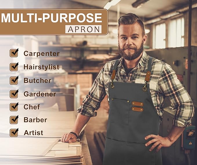 RUVANTI Work Apron for Men, Oil & Water Repellent, Poly Cotton Cross Back Aprons for Women with Pockets, Adjustable up to XXL