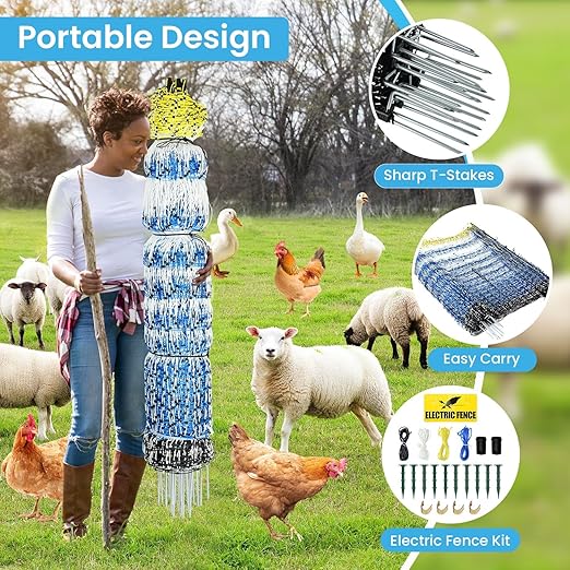 Electric Poultry Netting, 42" H x 164'L Electric Anti-Predator Poultry Fence, PE Net Fencing Kit with 14 Posts Double Spiked, Movable Livestock Nets for Chickens, Ducks, Geese, Sheep and Other Poultry