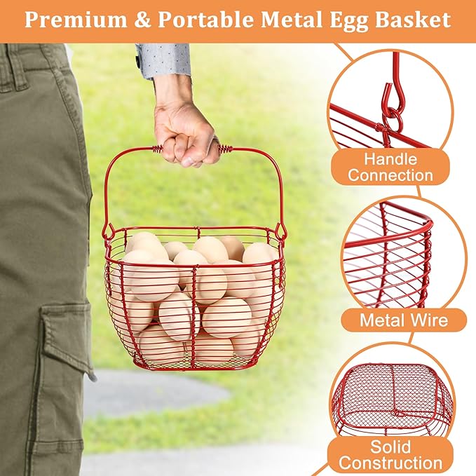2 PCS 7" Red Square Wire Egg Baskets for Fresh Egg With Handle, Small Metal Collecting Basket for Gathering Fresh Eggs, Chicken and Duck Eggs Hunting Basket Egg Holder Countertop