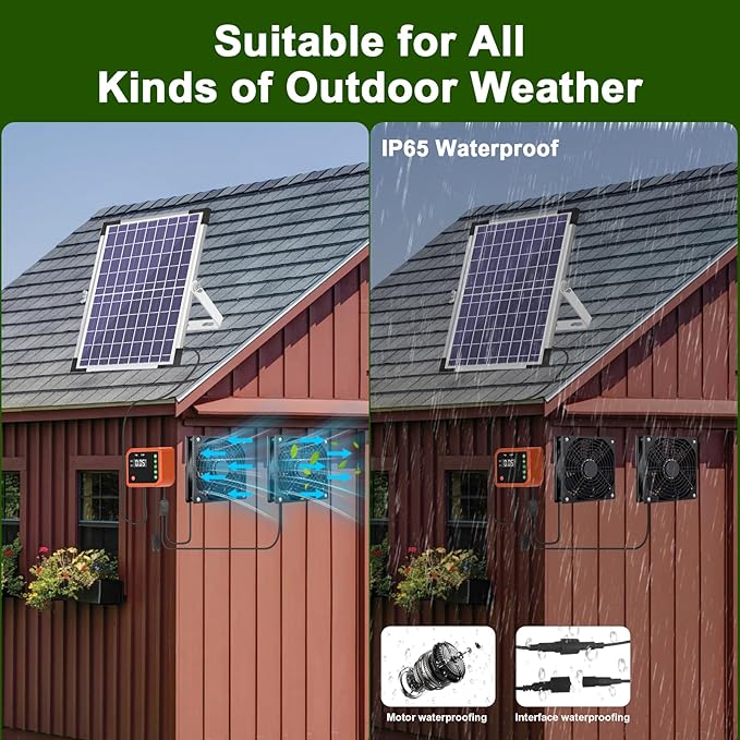 Lewisia 10W Solar Powered Fan with Timer & Temperature Control IPX5 Weatherproof Dual Fan Solar Exhaust Intake Cooling Ventilation for Chicken Coop Greenhouse Shed Pet House Garage